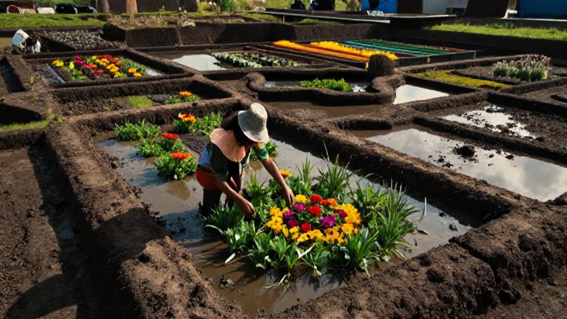 Campesino azteca cultiva en chinampas vibrantes bajo luz dramática
