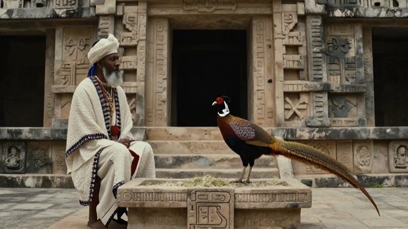 Cuál es la importancia del pavo ocelado en la cultura maya 41 Faisán en altar maya ante templo ceremonial antiguo