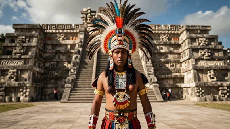 Qué historia y misterio oculta el penacho prehispánico mexicano 201 Guerrero mesoamericano con penacho en plaza ancestral