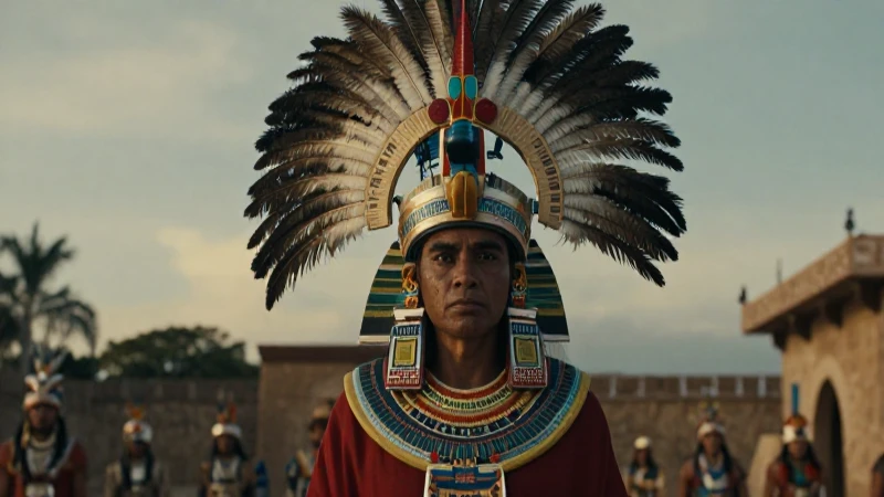 Qué historia y misterio oculta el penacho prehispánico mexicano 200 Sacerdote azteca en ceremonia al atardecer