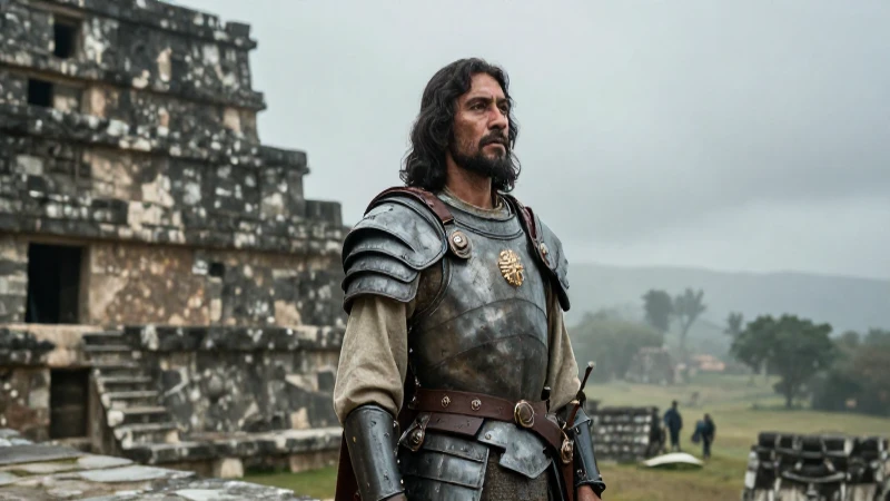 Personajes de la conquista de México: Claves en la historia 10 Cortés y noble azteca en un paisaje místico