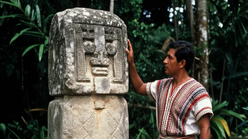 Hombre guatemalteco examina estela maya bajo selva