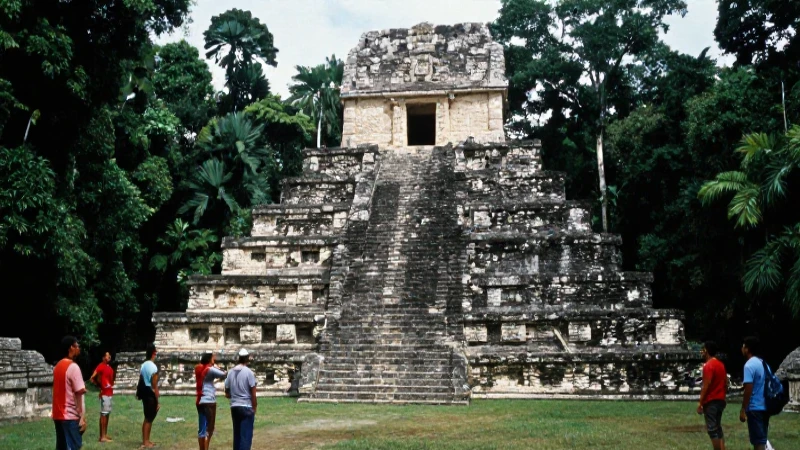 Ruinas mayas en Petén con comunidad observando el templo
