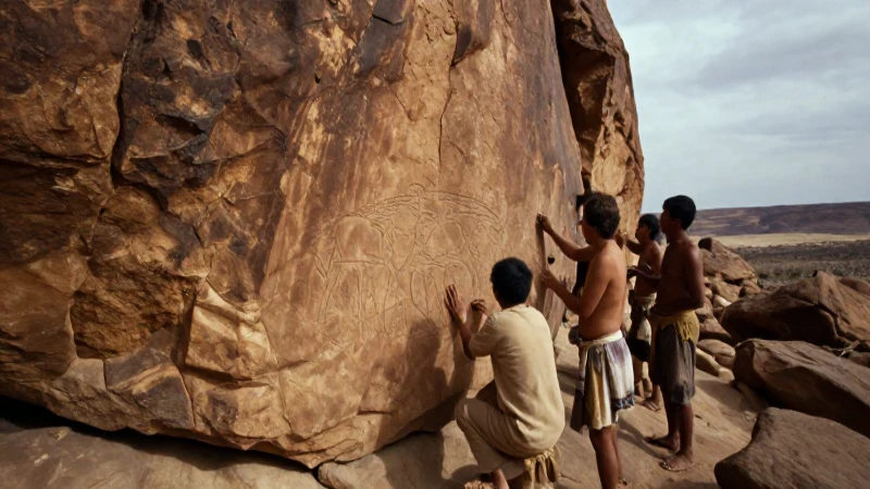 Qué son los petrograbados y cuál es su interesante mundo 4 Cazadores graban petroglifo en paisaje árido antiguo
