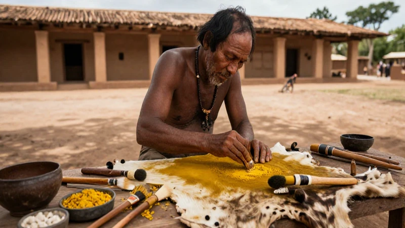 Artesano indio pinta ocres en piel, estilo documental
