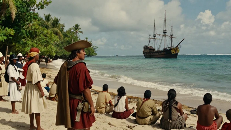 Conquistador llega a tierra frente a indígenas y galeón