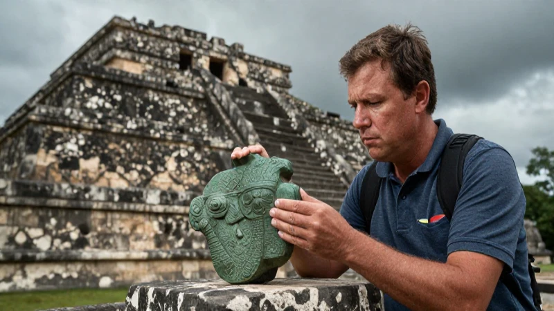 Piedras verdes: Un hallazgo arqueológico en el Templo Mayor 44 Explorador Nahua examina piedra en ruinas del Templo Mayor