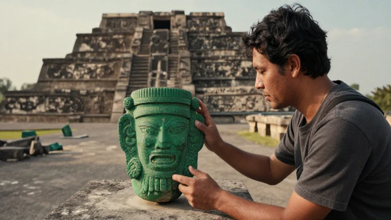 Piedras verdes: Un hallazgo arqueológico en el Templo Mayor 47 Arqueólogo examina altar azteca en luz matinal