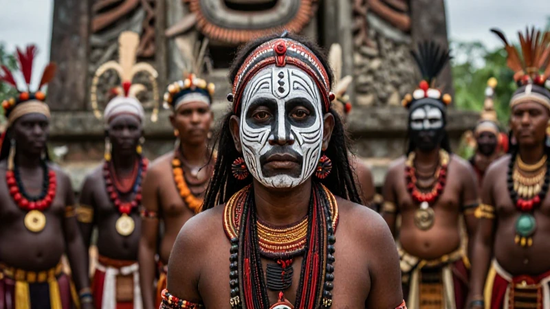 Pintura facial: Arte y diversión en la expresión creativa 11 Líder ritual tribal frente a estructura antigua