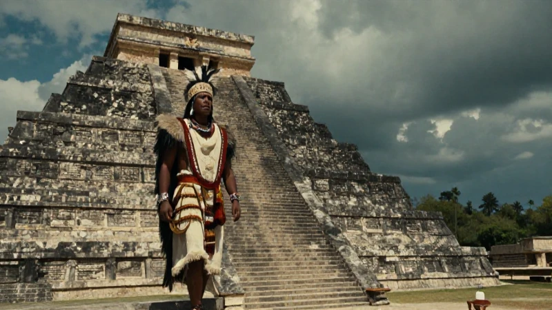 Pirámide azteca y sacerdote en dramático atardecer