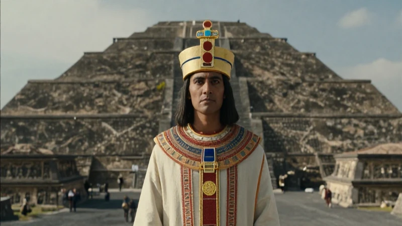Sacerdote azteca frente a la pirámide monumental
