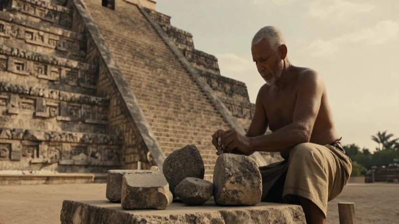 Escultor azteca construye pirámide de piedra con herramientas primitivas