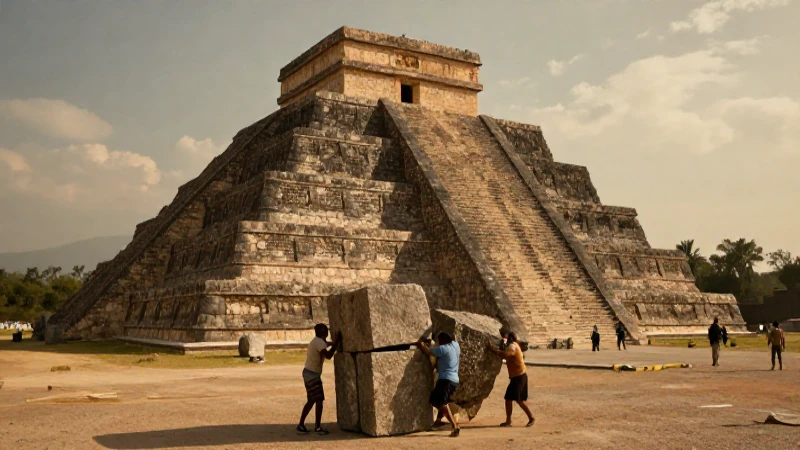 Pirámide inca en construcción bajo luz dorada