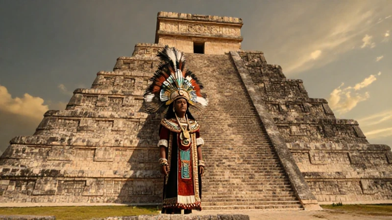 Sacerdote mesoamericano en pirámide bajo luz dorada