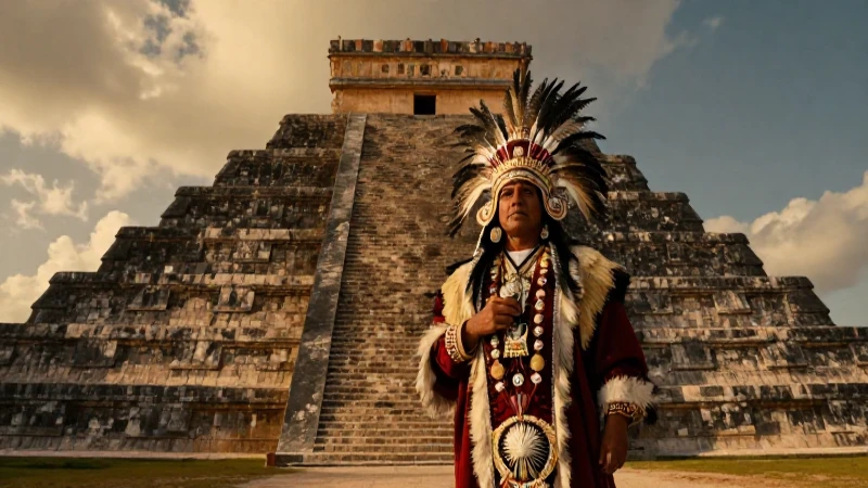 Sacerdote épico ante gran pirámide dorada