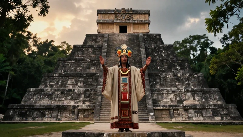Sacerdote azteca en la pirámide al amanecer