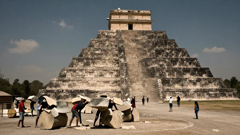 Trabajadores construyen pirámides en el sol mexicano