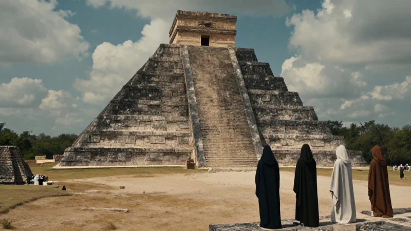 Aztecas observando pirámide mesoamericana en valle árido