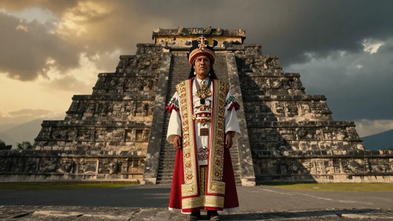 Pirámide de Santa Cecilia: Historia y belleza en Acatitlán 43 Gran sacerdote ante la antigua pirámide azteca