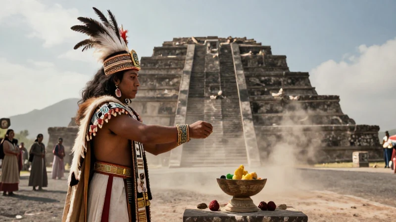 Pirámide de Santa Cecilia: Historia y belleza en Acatitlán 44 Sacerdote azteca en ritual ante Templo Mayor