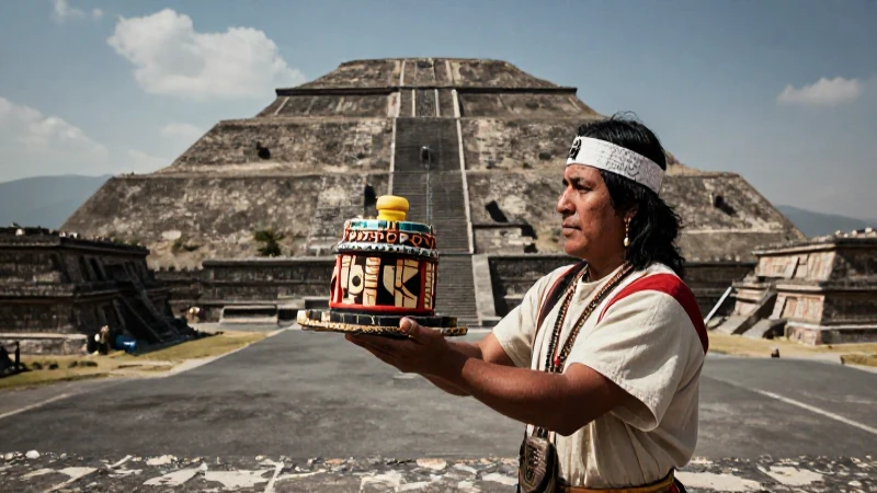 Sacerdote teotihuacano ofrece ritual ante la Pirámide del Sol