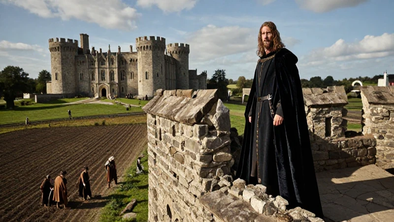 Señor noble sobre campesinos en castillo medieval