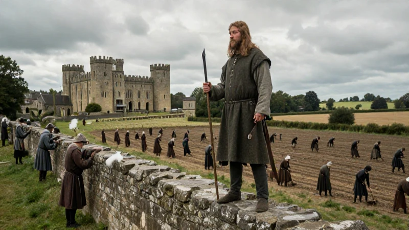 Feudal lord observa a siervos medievales bajo cielo dramático