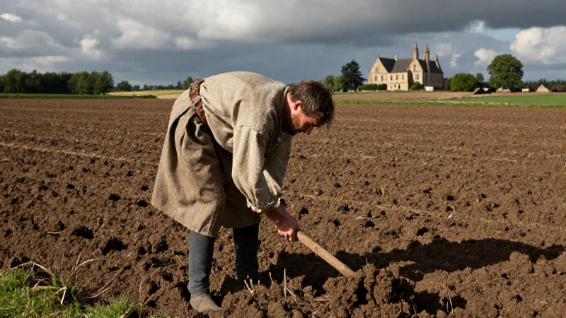Campesino en vasto campo medieval bajo luz dramática