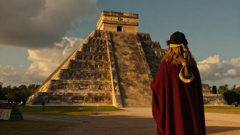 Pirámide azteca dramática con sacerdote
