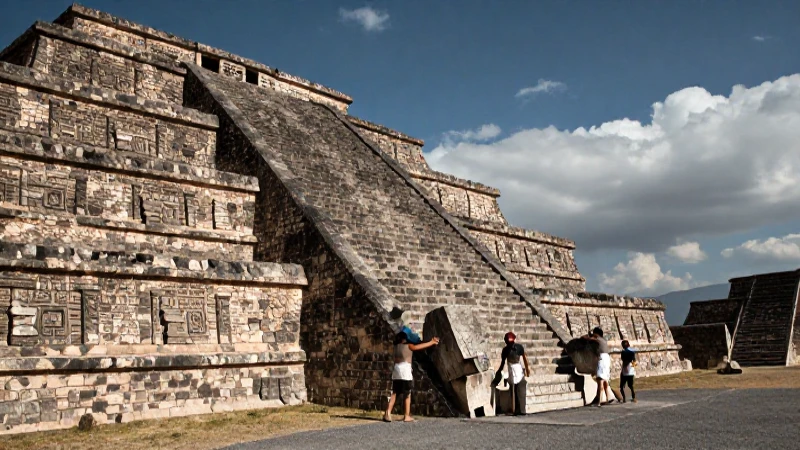 Tallés aztecas en pirámide bajo luz dramática