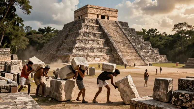 Trabajadores construyen una pirámide maya