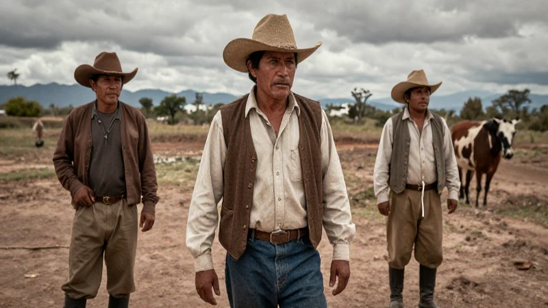 Campesinos mexicanos en paisaje rural dramático