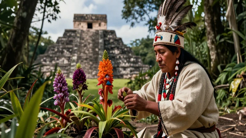 Plantas mágicas en México: tipos y efectos sorprendentes 2 Chamán mesoamericano cuida plantas sagradas cerca de pirámide