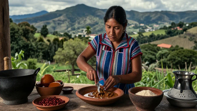Cuáles son los platillos típicos y tradiciones de Tlaxcala 28 Mujer tlaxcalteca cocina mole tradicional en entorno histórico