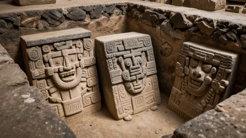 Vestigio mexica de piedra con iluminación dramática