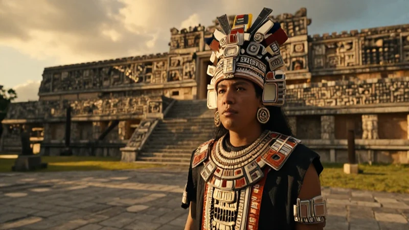 Gobernante cholulteca en plaza toltéca al atardecer