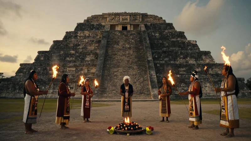 Sacerdotes Toltecas en ceremonia ante la gran pirámide