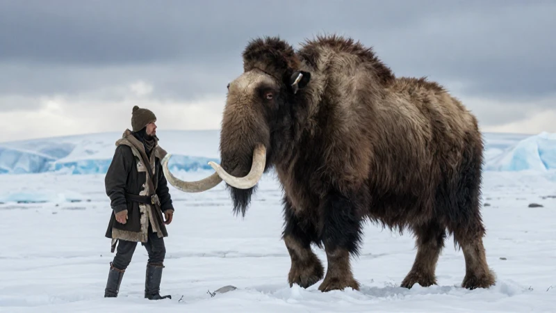 Pleistoceno: Era Glacial y su Impacto en la Evolución Humana 52 Cazador paleolítico y mamut en paisaje glaciar