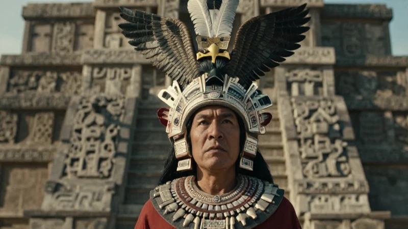 Plumas de águila: Insignias mexicas y su simbolismo cultural 7 Noble Mexica con penacho frente a arquitectura mesoamericana