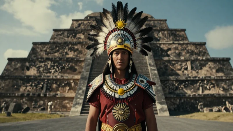 Plumas de águila: Insignias mexicas y su simbolismo cultural 2 Guerrero Mexica en la pirámide de Tenochtitlan