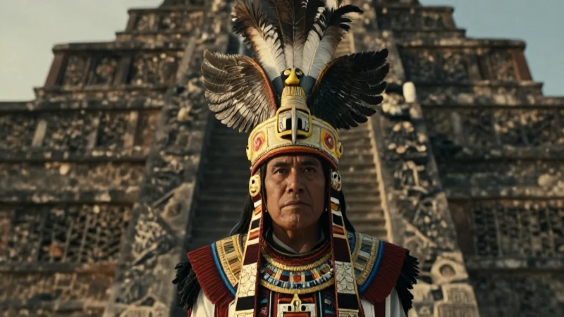 Plumas de águila: Insignias mexicas y su simbolismo cultural 4 Noble Mexica ante templo sagrado en Tenochtitlan