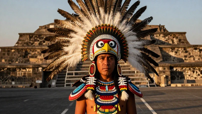 Plumas de águila: Insignias mexicas y su simbolismo cultural 3 Guerrero mexica majestuoso con tocado de plumas de águila