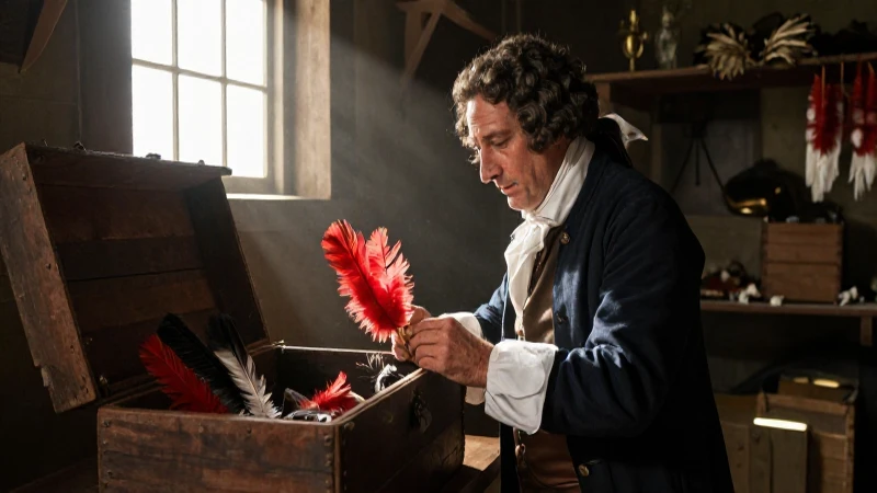 Plumas rojas: Belleza, significado y su uso en la moda 40 Coleccionista colonial examina plumas rojas en una caja de madera