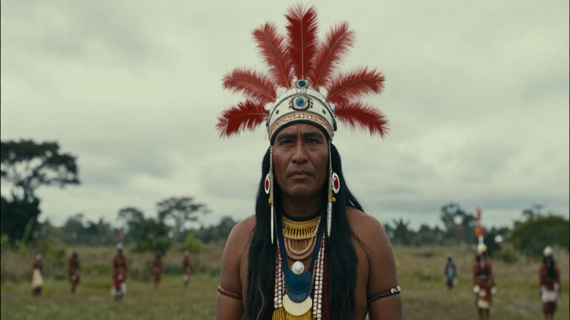 Plumas rojas: Belleza, significado y su uso en la moda 42 Figura indígena ceremonial majestuosa en paisaje ancestral