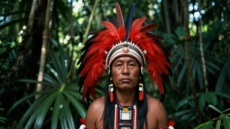 Plumas rojas: Belleza, significado y su uso en la moda 37 Indígena con penacho rojo en selva dramática