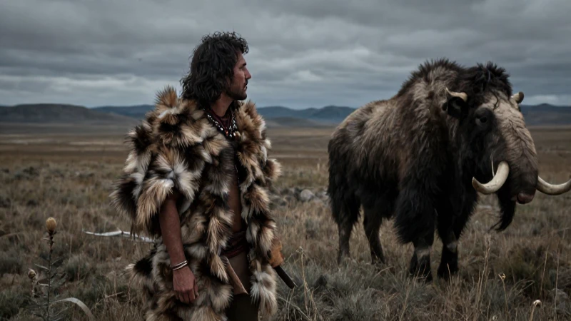 Cazador paleolítico y mamut en tundra dramática