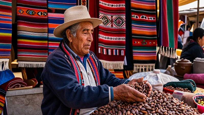 Mercader pochteca en vibrante mercado azteca