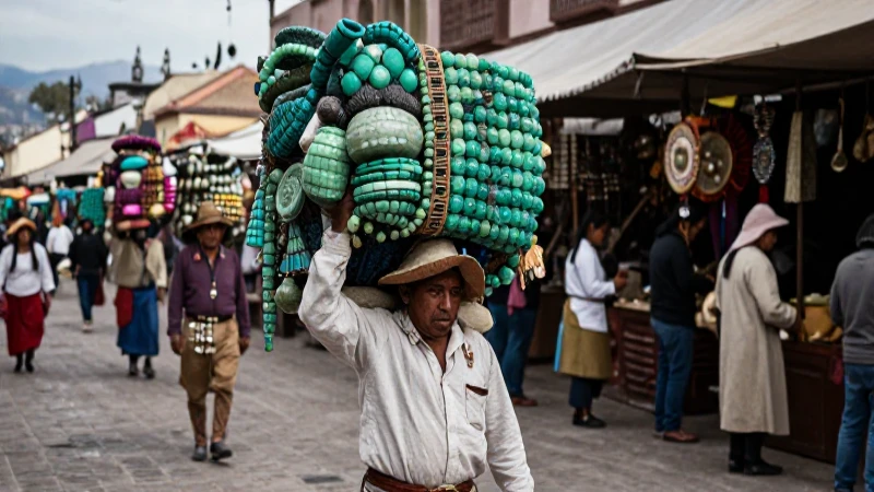Comerciante pochteca lleva mercancía en mercado azteca