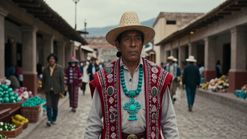Comerciante azteca con mercado auténtico y color