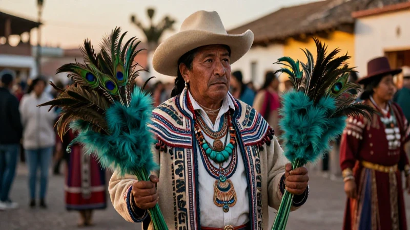 Pochteca comerciante en vibrante plaza mesoamericana